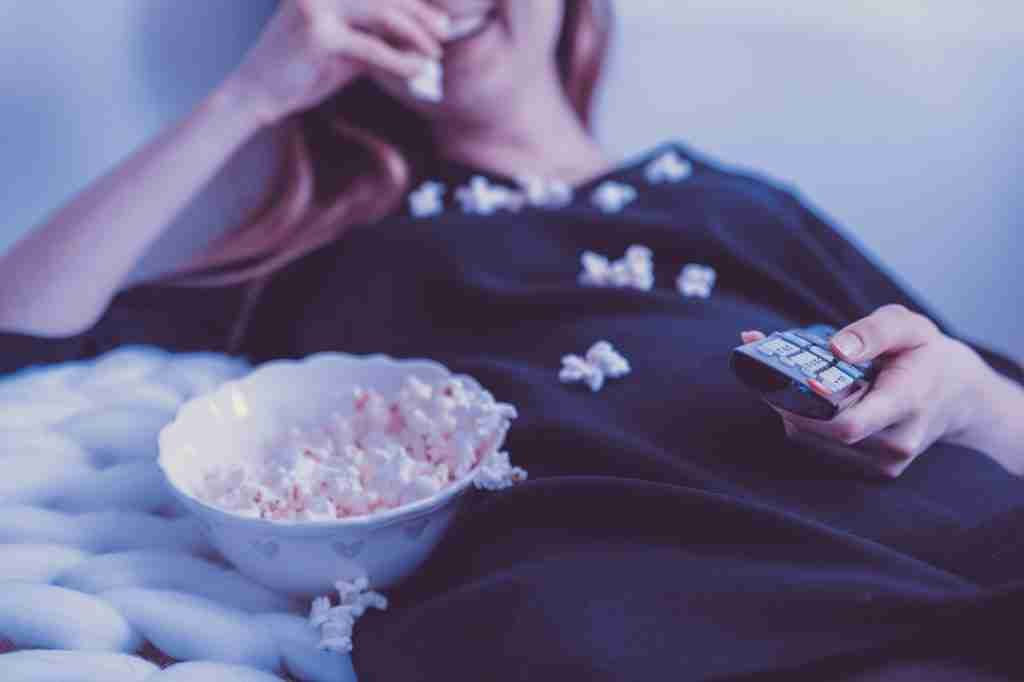 people, woman, tv, popcorn
