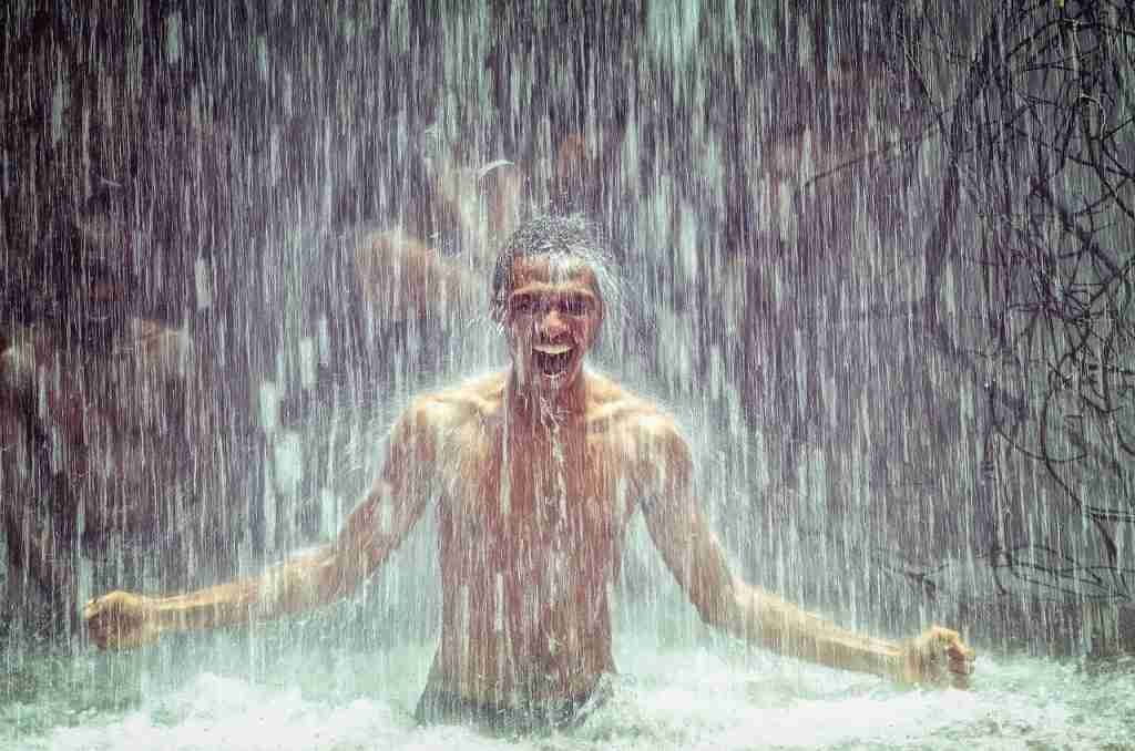 man, waterfalls, bathe