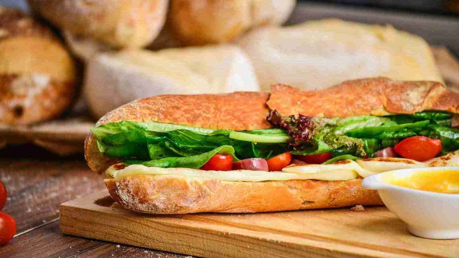 Ham sandwich placed on a table