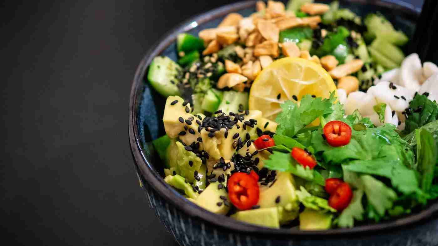 vegetable salad in gray bowl