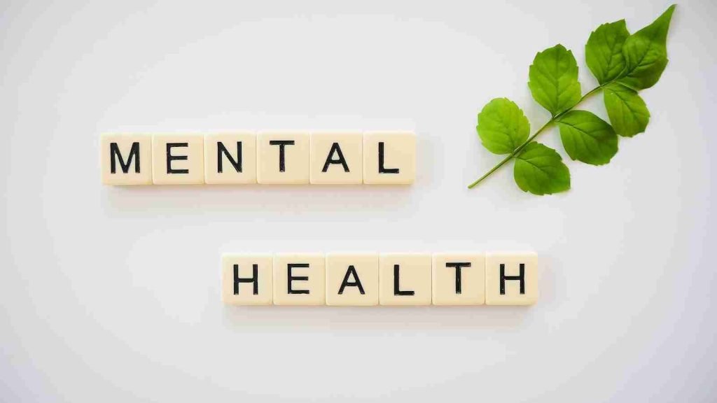 the word mental health spelled with scrabbles next to a green leaf