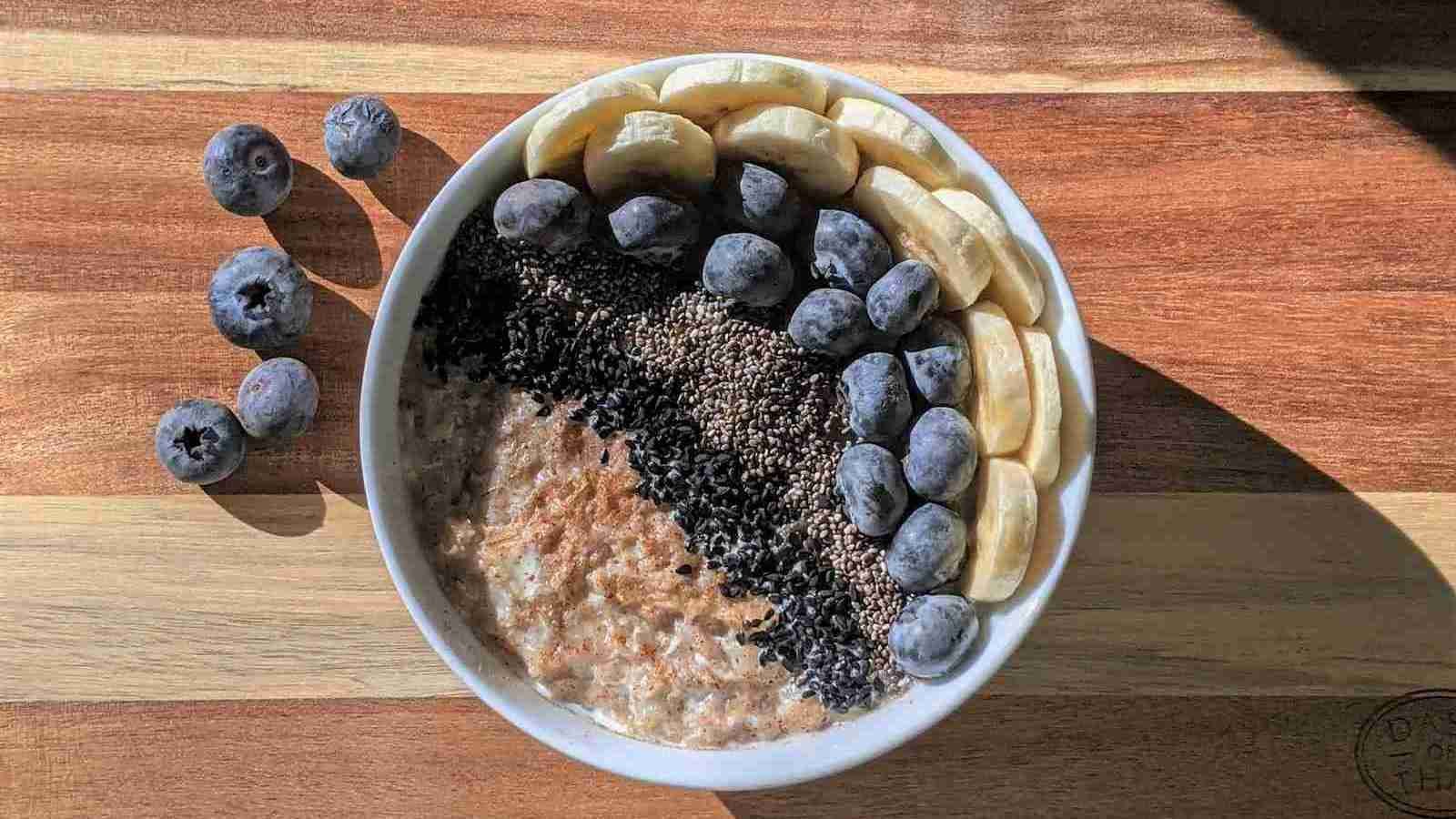 blackberries and banana topping on a oatmeal